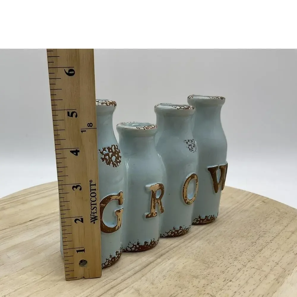 Ceramic‎ GROW Bud Vase Blue Bottle Shape Rustic Farmhouse Floral Decor Tabletop